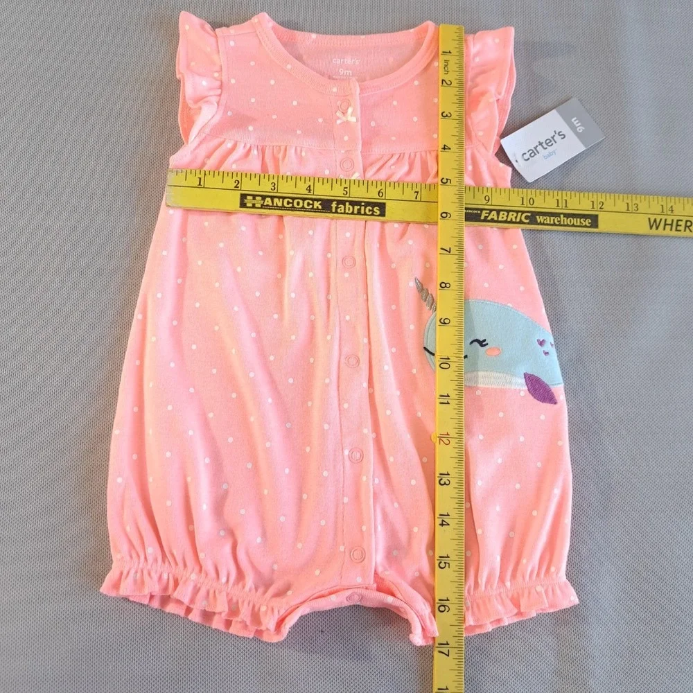 Carter's Girl's Narwhal Snap-Up Romper Size 9-Months Pink/Coral Ruffle Arms Legs